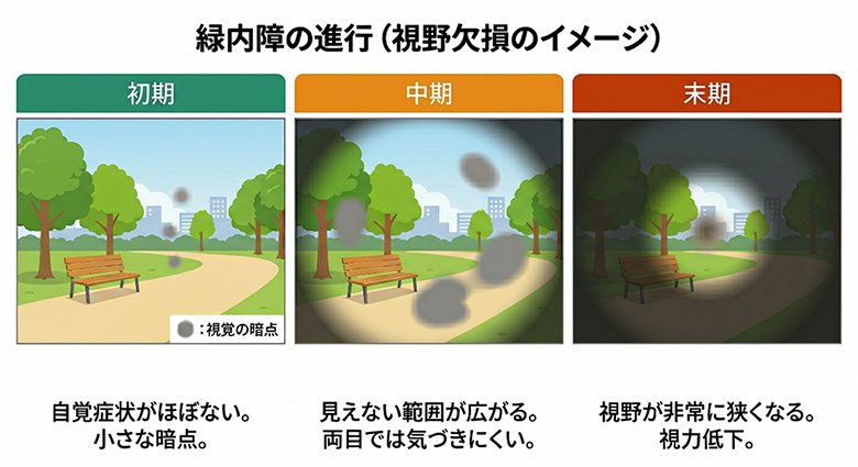 緑内障の進行(視野欠損のイメージ)